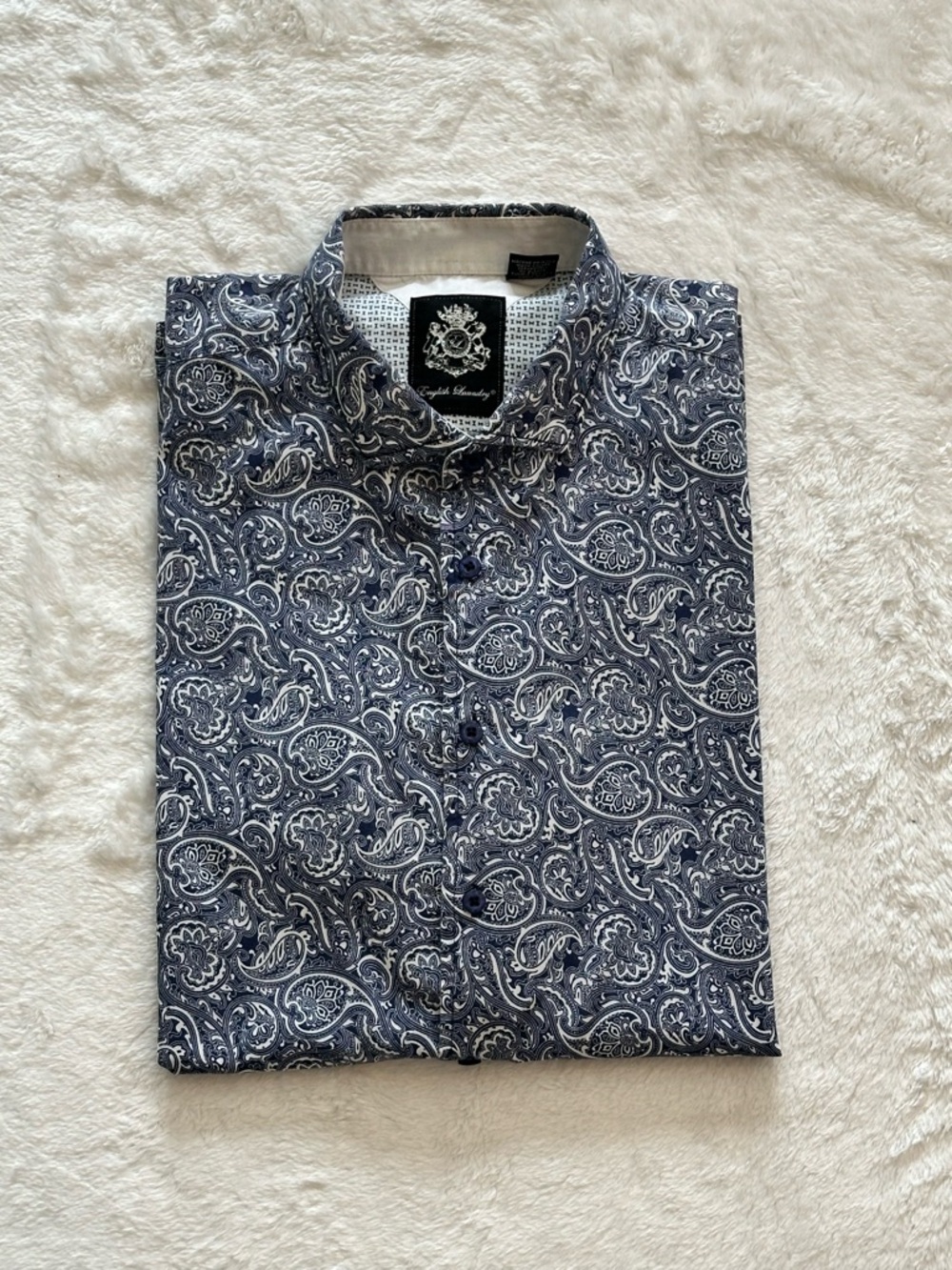 English Laundry Men's XL Short Sleeve Shirt Navy White Paisley 100% Cotton